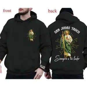 Black Hoodie San Judas Tadeo Religious Saint Print "Always By My Side" Christian Faith Hooded Sweatshirt for Men and Women Catholic Saint Jude Protection Graphic Hoodie Spiritual Gift for Him Her Church Wear Apparel Devotional Streetwear Pullover