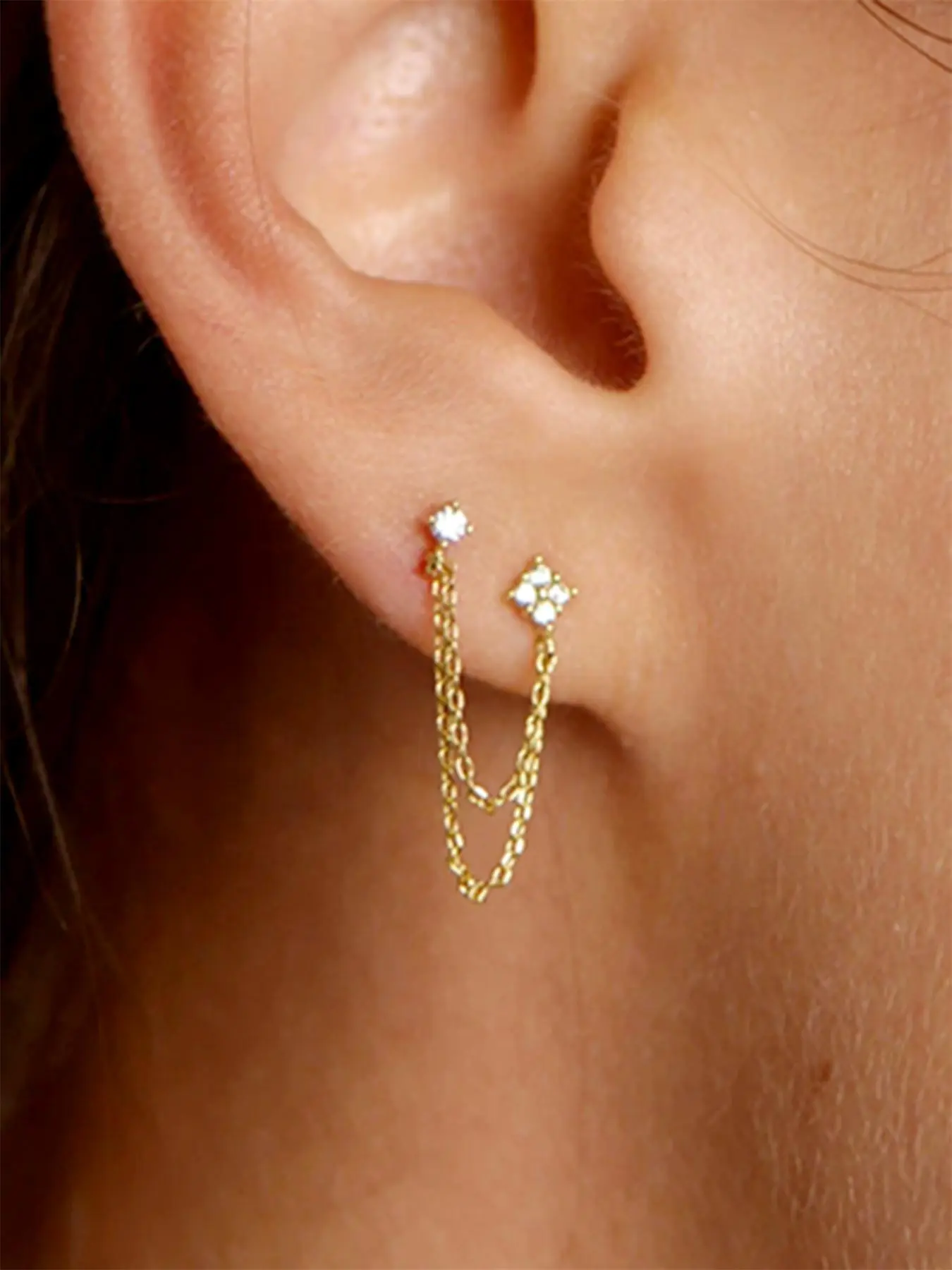 Rhinestone Decorated Double Layered Chain Dangle Earrings, Fashionable Earrings