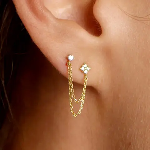 Rhinestone Decorated Double Layered Chain Dangle Earrings, Fashionable Earrings, Earrings Dangling