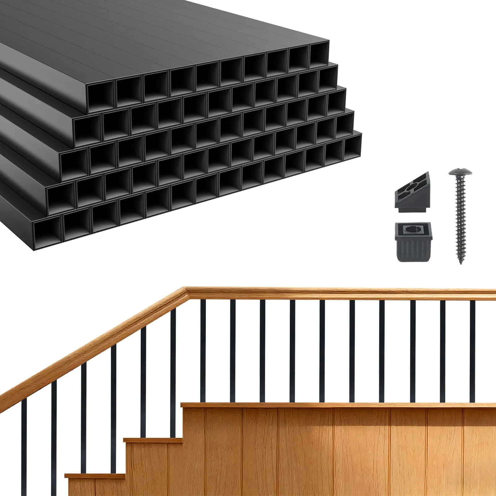 【SummerFinds】VEVOR 125 Pack Deck Balusters, 3/4 in Square x 26 in Long Aluminum Railing Spindles, Hollow Metal Decking Stair Balusters with Connectors, Screws, for Deck, Porch & Staircase Railing Fence, Black