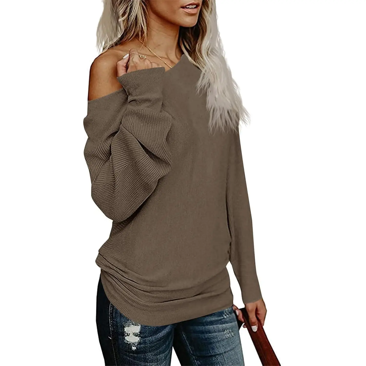 Imily Bela Womens Off The Shoulder Sweater Oversized Knit Long Sleeve Sweaters Tunic Tops