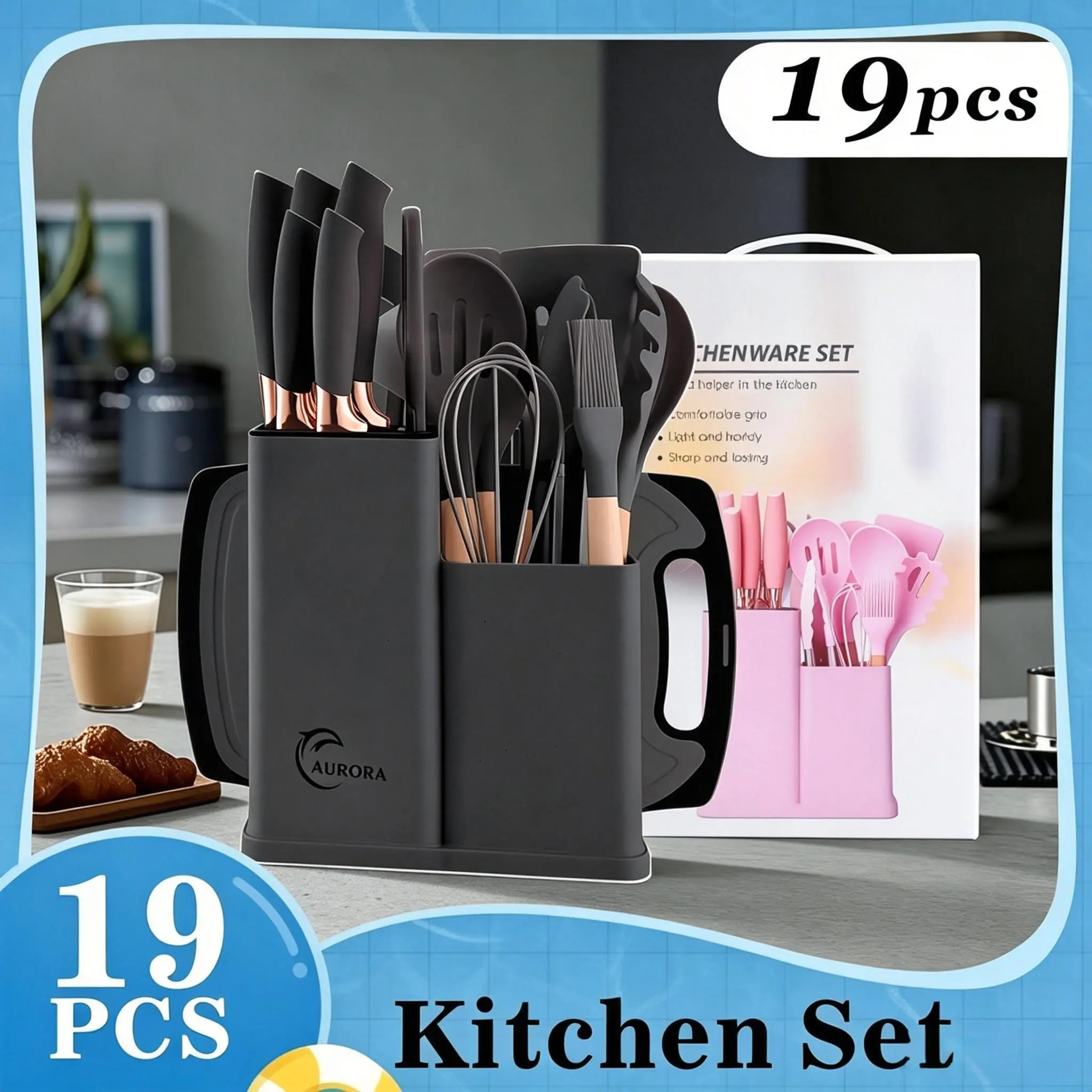 19-Piece Heat-Resistant Silicone Cutlery Set with Wood Handles, Non-Stick-Friendly Kitchen Gadget, Hanging Utensils, Easy to Cook and Clean, Ideal for Home Use,summerwins