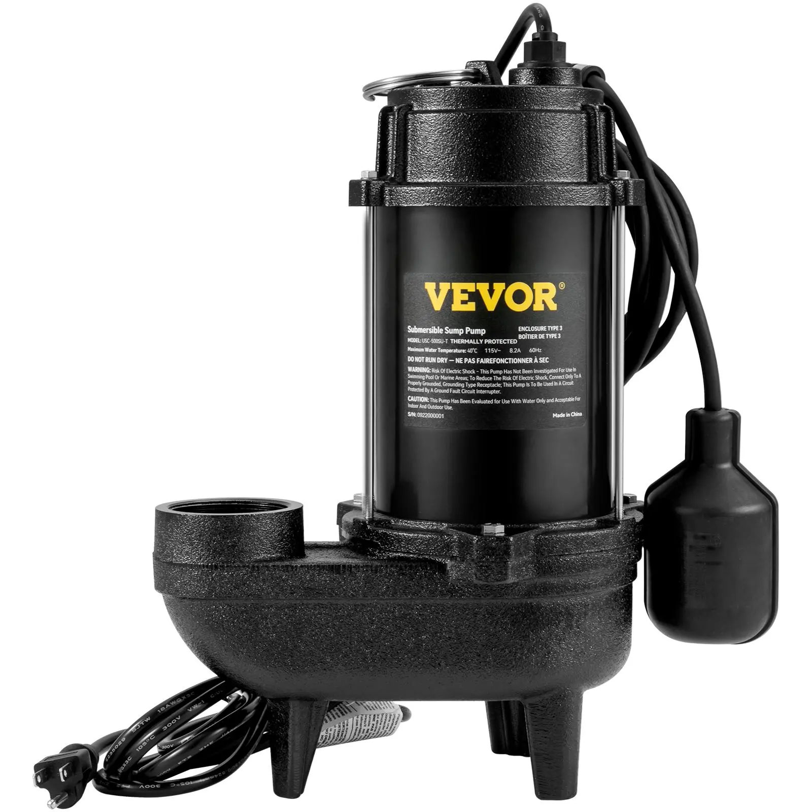 【Fallpicks】VEVOR Portable Manual Submersible Sewage Pump Unit, 3/4 HP, 5880 GPH, 1050W, Copper-Infused Durable Cast Iron, 2" Outlet, 10 ft Piggy-Back Float Switch, 10 ft Power Cord, UL Tested, Ideal for Septic Tanks, Basements, Easy Setup, 2" Npt Water,te