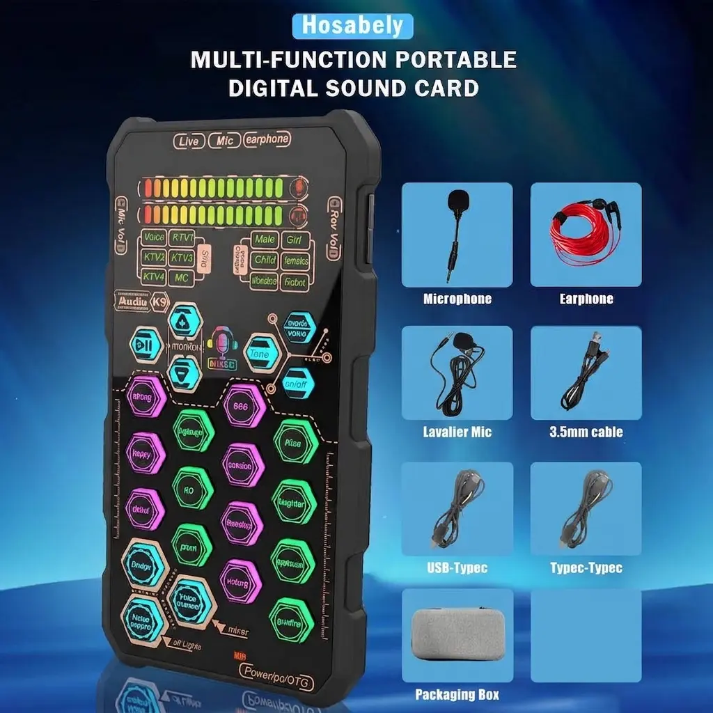 SK9 Mini Handheld Voice Changer Digital Sound Card Set - Portable Mobile Audio Interface, DSP Noise Reduction Mic, Live Sound Card for Karaoke, Streaming, Dual-Device Compatible Phones/Laptops, 3 Preset Reverb Modes Smartphone
