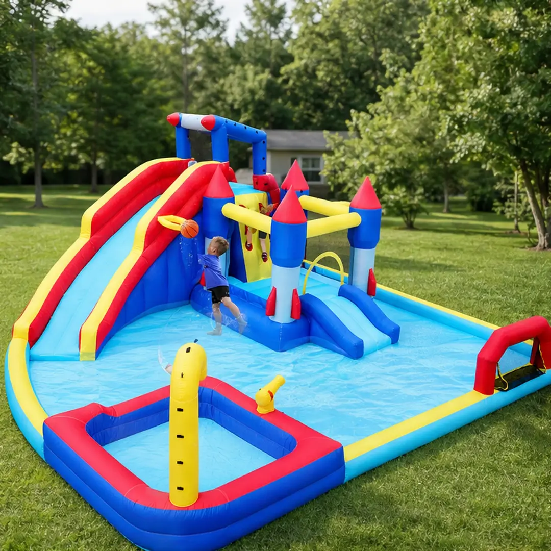 ARCH 10-in-1 Bounce House Water Park - Multicolor Oxford Fabric Inflatable Playground, Fun Water Playset with Slide, Swim Pools, Gun, Basketball Hoop, Climbing Wall, Soccer Goal, Auto Shutoff, Built-In Temp Control, Earth Nails for Kids’ Backyard Fun