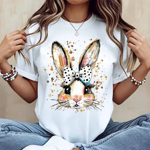 Cute Bunny Rabbit Print T-Shirt With Polka Dot Bow And Watercolor Splatter Design For Casual Spring Summer Wear