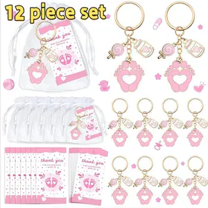 Baby Shower Gift Set, Baby Bottle Clothes & Foot Hanging DIY Keychain, 12-Piece Kit (keychains + Sandbags + Paper Cards)