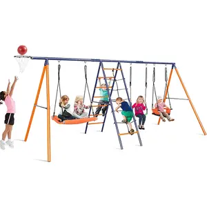 【Summervibes】6-in-1 Heavy-Duty Metal Backyard Swing Set (700 lbs Capacity) for Kids Outdoor Play, Larger Adjustable Stand with 3 Swings, Climbing Ladder, Climbing Net, and Basketball Hoop,summervibes