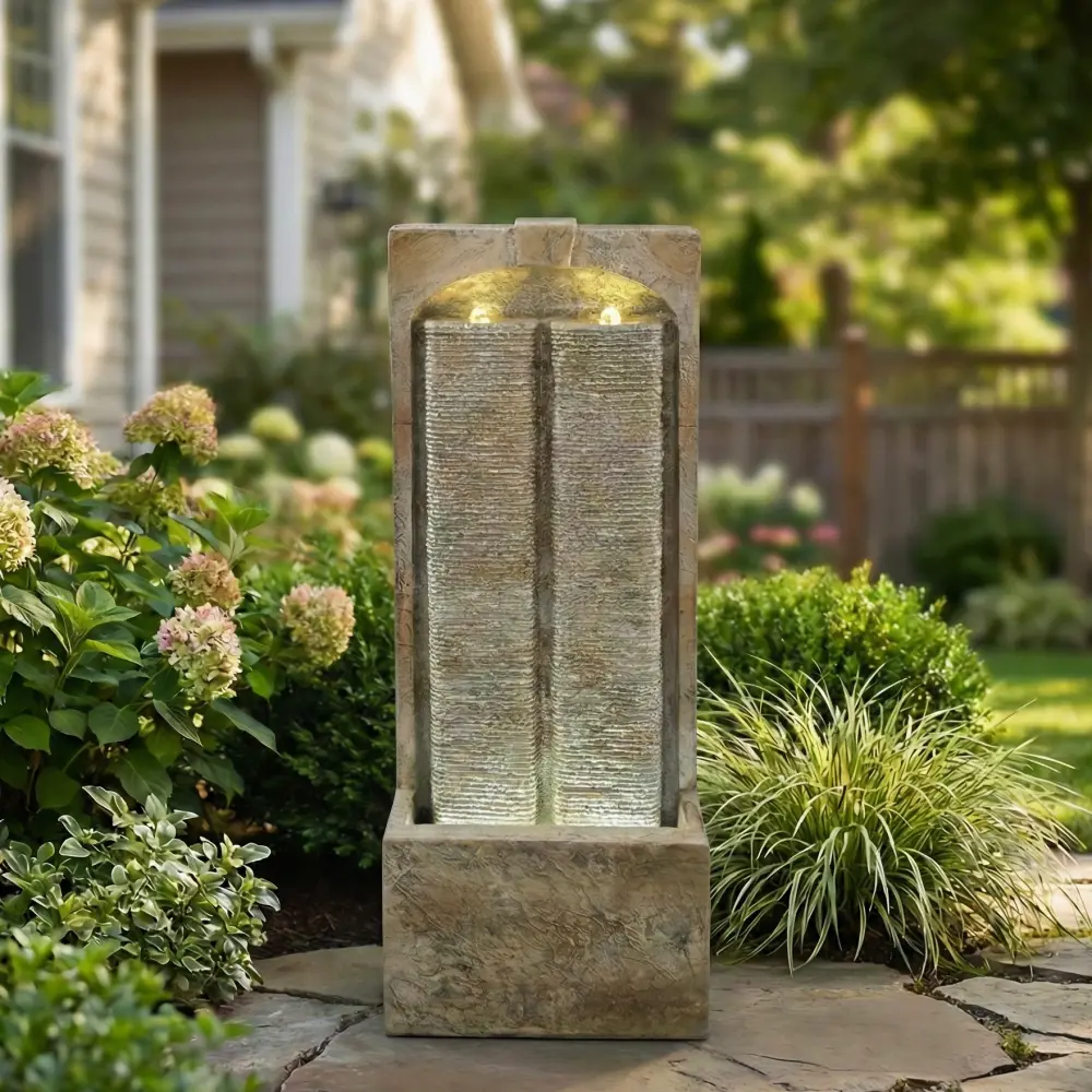 39 Inch Outdoor Water Fountain with Pump, Modern Cascading Freestanding Wall Fountain, Weather-Resistant Garden Water Feature with Warm White LED Lights, Outdoor Waterfall Fountain for Patio Porch Law