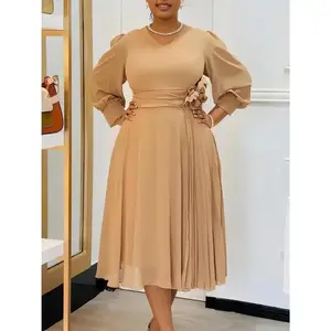 2025 new d3326 new spring fashionable elegant solid color A-line skirt plus size dress Formal Chic Modest Long Sleeve Classy Beige Womenswear Workwear