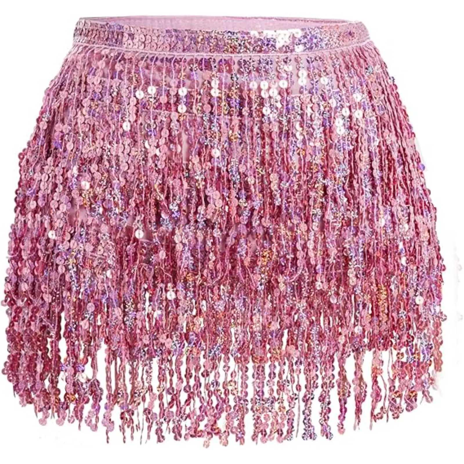 Belly Dance Hip Scarf Sequin Tassel Skirt Wrap Sparkly Rave Costume for Women in Pink Glittery Design Chiffon Material Holographic Sequins Adjustable Waistband