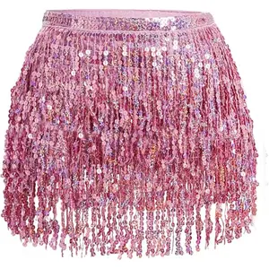 Belly Dance Hip Scarf Sequin Tassel Skirt Wrap Sparkly Rave Costume for Women in Pink Glittery Design Chiffon Material Holographic Sequins Adjustable Waistband