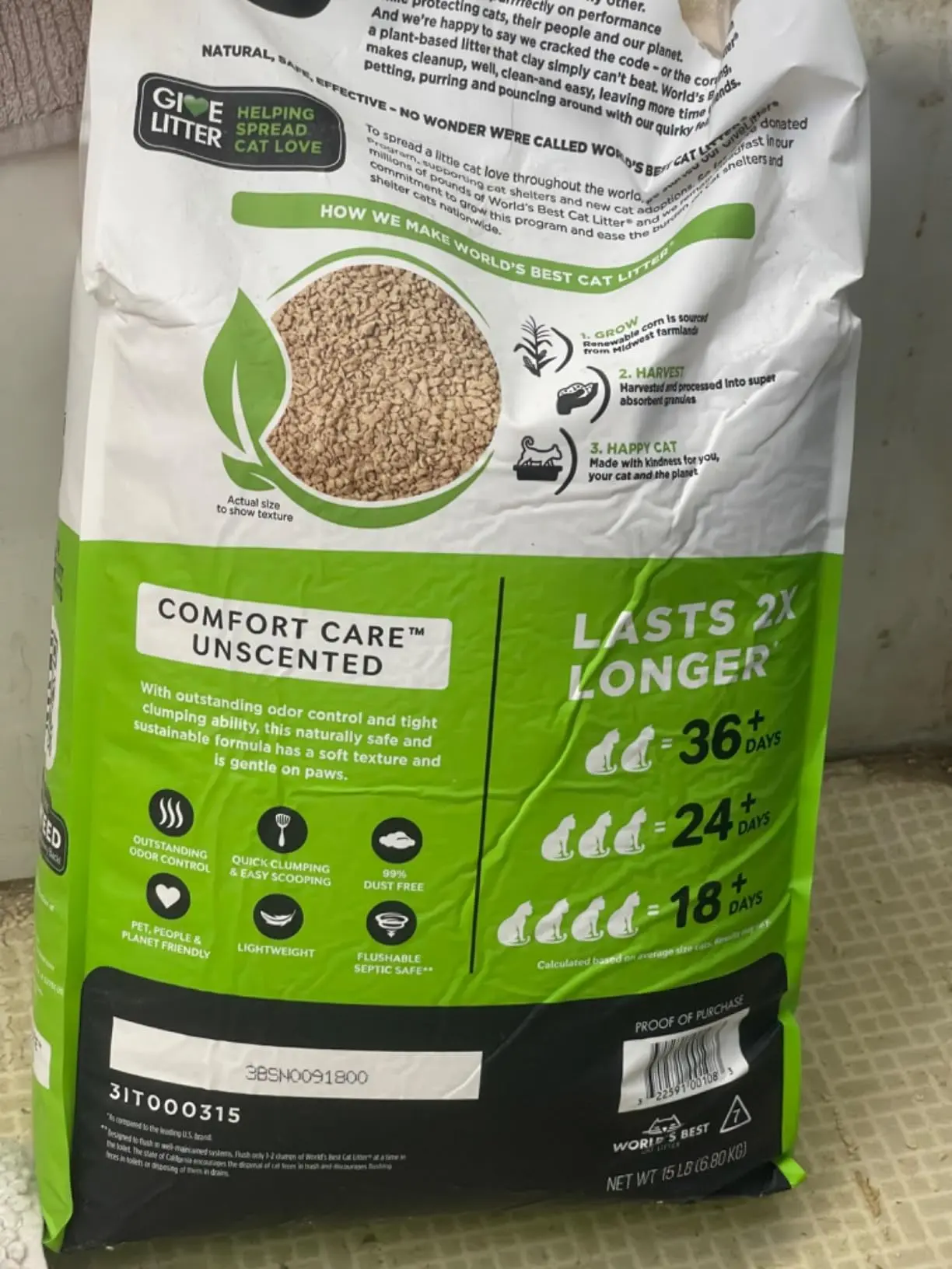 WORLD'S BEST CAT LITTER Comfort Care Unscented 15-Pounds - Natural Ingredients, Quick Clumping, Flushable, 99% Dust Free & Made in USA - Long-Lasting Odor Control & Easy Scooping