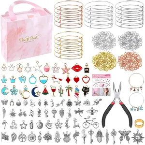 300 count Charm Bangle Bracelets Making Kit with Expandable Bangles, Charms, Jump Rings and Pliers for  Making Bangle Bracelets (with  Box and Tools)