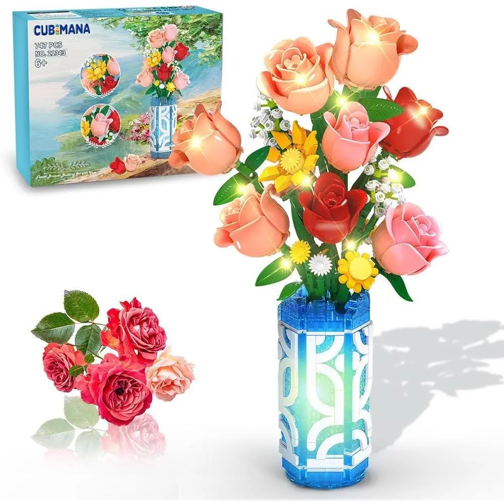 CUBIMANA 747 PCS Mini Artificial Roses Building Set, 14-Flower Bouquet with Vase & LED Light, Decorative Faux Flower Plant Botanical Building Blocks Toy, Mother's Day Gift for Home Decor