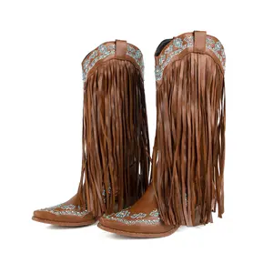 Western Cowboy Boots for Women Embroidered Knight Tassel Rivet Detail Vintage Ankle High Riding Boots Fashion