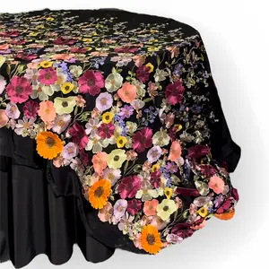 3D Flower Embroidered Lace Table Cloth - Colorful Floral Design on Black Background