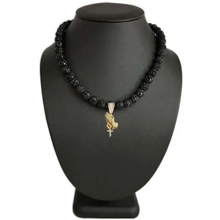 Iced Bling Disco Ball Rhinestone Crystal Beaded Baseball Drip Black Necklace + Jesus Prayer Hands