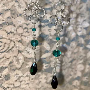 Elegant Green Beaded Dangle Earrings with Silver Chain Links for Women's Fashion Accessories