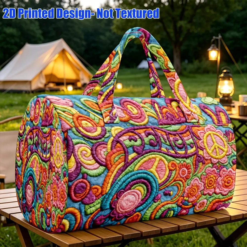 1pc Hippie Spiral Floral Pattern Quilted Boston Handbag, Spiral Wave Floral Peace Symbol Theme, Psychedelic Bohemian Style Travel Tote Bag, Suitable for Women Who Love Colorful Bohemian Patterns, Halloween Thanksgiving Christmas Holiday Gift