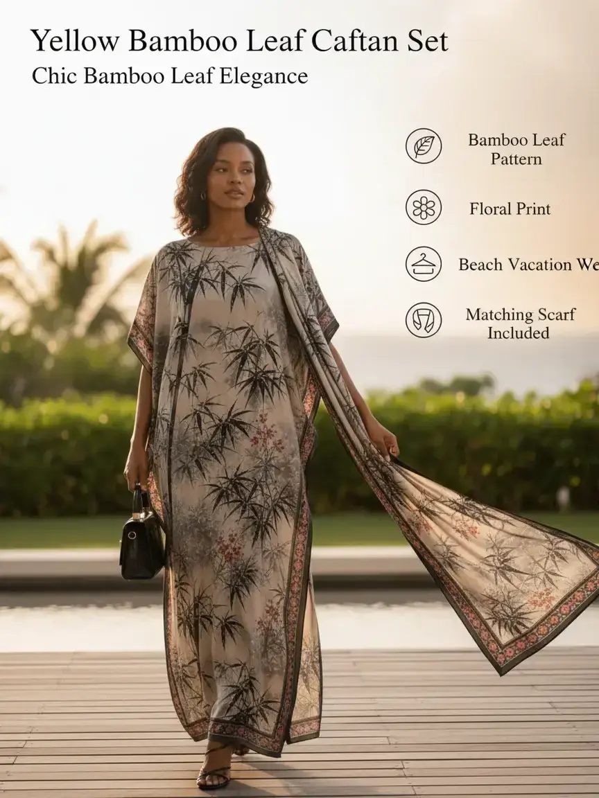 Women's Boho Moomoo Dress with Matching Scarf, Loose Fit Caftan Robe in Yellow Bamboo Floral Print, Casual Beach Cover Up, Casual Boho Chic, Boho Style Dresses