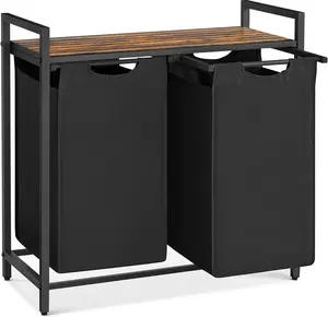 Laundry Hamper Laundry Sorter with 2 Pull-Out and Removable Bags, Shelf, Metal Frame, 2 x 12.1 Gallons (46 L), 28.8 x 13 x 28.4 Inches, Ink Black and Rustic Brown UBLH201B01
