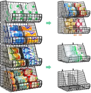 Stackable Soda Can Organizer Stores Up to 72 Cans, 4-Pack Can Storage Organizer for Pantry Shelves, 4-Tier Kitchen Can Holders with 4 Adjustable Dividers, Wire Drink Organizer for Pantry Cabinet Shelf