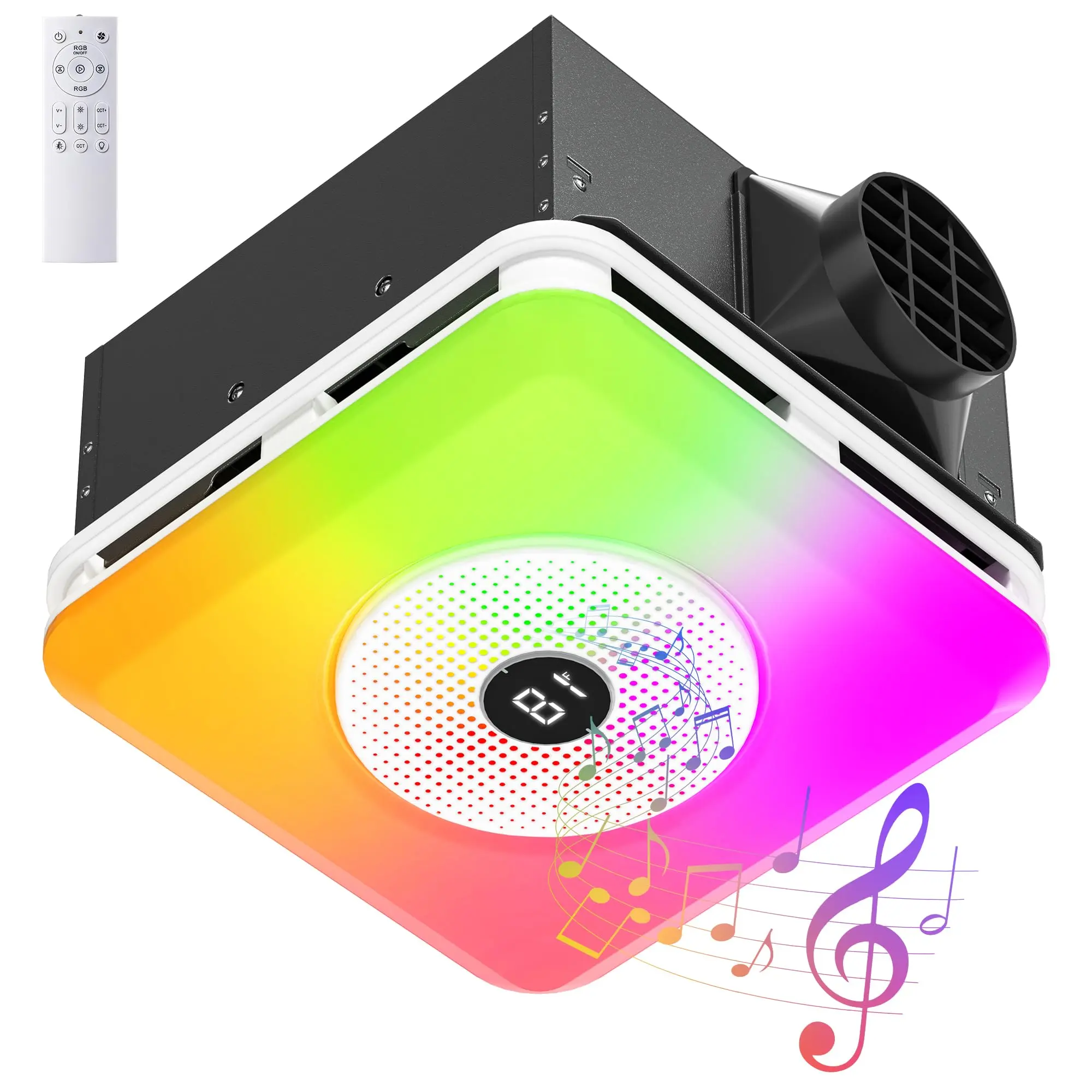 VallisCo 160 CFM Quiet Bathroom Ceiling Exhaust Fan - 110V Model with Bluetooth Speaker, RGB Light, Remote Control, 3 Dynamic RGB Lighting Modes, 2800K-6200K Dimmable Light, Nightlight