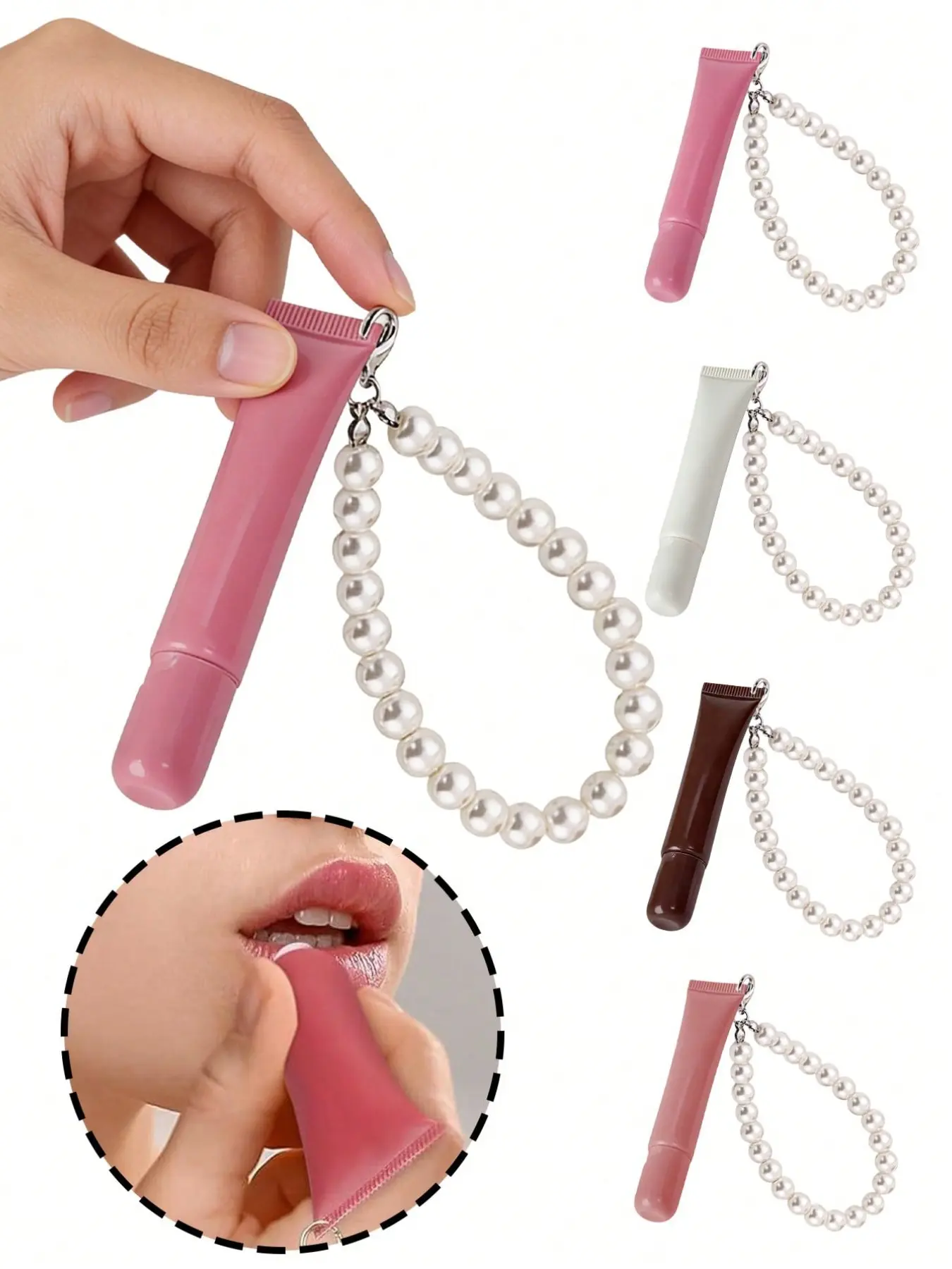 Squeezable lip gloss tube with pearl pendant keychain, refillable lip gloss tube, empty foundation concealer tube packaging, soft lip gloss squeeze tube, multifunctional lipstick refill container