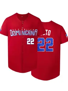 Men's Letter & Number Stitched Button Front Baseball Jersey, Stylish Jersey, Casual Loose Short Sleeve V Neck DOMINICANA 22 Baseball Top for Fall & Winter, Baseball Christmas Gifts