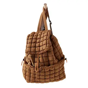 Coffee Solid Flapped Quilted Puffer Backpack