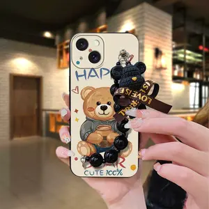 Black pearl pendant Dirt-resistant Phone Case For iphone15 Plus soft case silicone Simplicity protective case Bear bracelet Skin-friendly feel Back Cover Waterproof cute