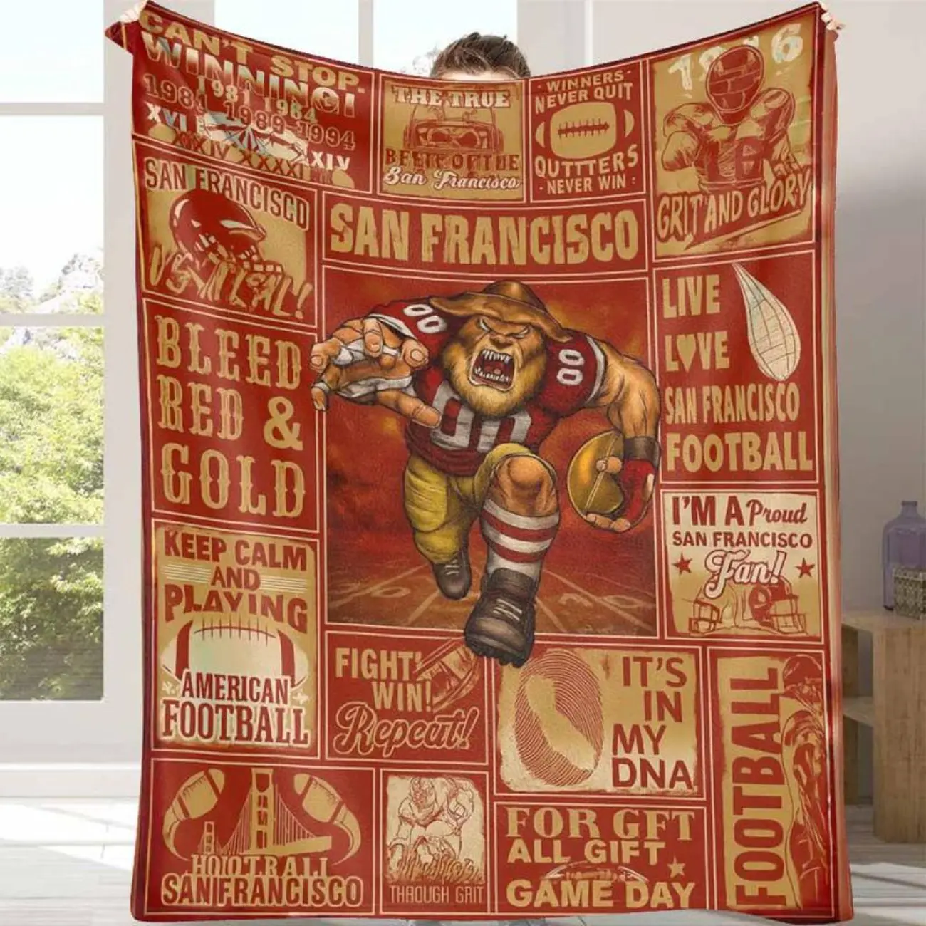 San Francisco Football Theme Flannel Blanket - 80*60(max size), Multi-Size, Vivid Print, Wrinkle Resistant, Ultra Soft Lightweight Cozy Warm, All Seasons, Living Room Decor, Ideal for Game Day Tailgate, Great Gift for Family