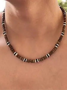 Men's Wooden Bead Necklace, Handmade Beaded Necklace, Beach Style Hip-Hop Coconut Shell Beads, Perfect for Any Occasion, One Piece Set