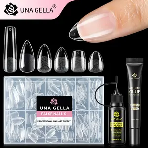 UNA GELLA 216PCS Half Cover No Buffer Nail Tips Extension Kit, No Curing Light Required All-In-One DIY Salon Manicure Set, Comes with 15ml Non-Runny Semi Solid Nail Glue & Nail Remover, Built-In Curve Clear Fake Press On Nails for Beginners summeressentia