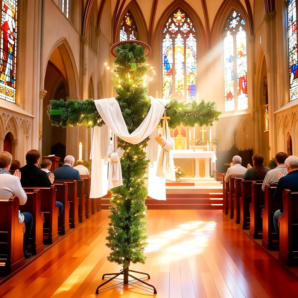Christmas, Halloween, Easter. A green cross Christmas tree, suitable for halls, outdoor and indoor spaces, churches, chapels, and other holiday decorations.