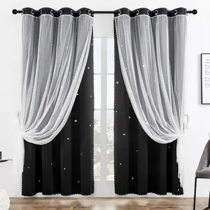 French Romantic Two-Layer Hollow Star Light Blocking Privacy Curtain, Fashion Trendy Hole Drapery Window Decor for Living Room, 1pc Finished Window Covering