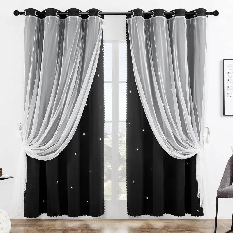 French Romantic Two-Layer Hollow Star Light Blocking Privacy Curtain, Fashion Trendy Hole Drapery Window Decor for Living Room, Grommet Curtains, Home Decoration Curtain, Home Decorative Curtain, 1pc Finished Window Covering