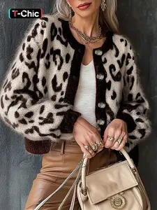 Women's Vintage Leopard Print Knit Cardigan Sweater Knitwear, New Fall/Winter Design, Colorblock Long Sleeve Round Neck Top