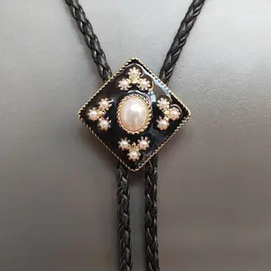 Natural Pearl Cross Bolo Tie Necklace with PU Leather Cord - Adjustable Western Wedding Jewelry Gift for Men & Women, Spiritual Symbolism Necklace