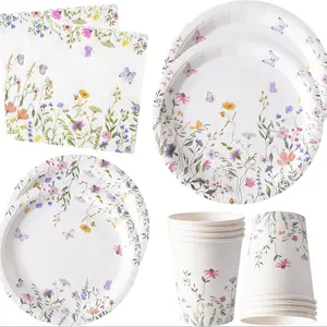 96 Pcs Wildflower Paper Plates Napkins Cups Set, Tea Party Decorations, Bridal Shower Garden Party Wedding Mother's Day Afternoon Tea