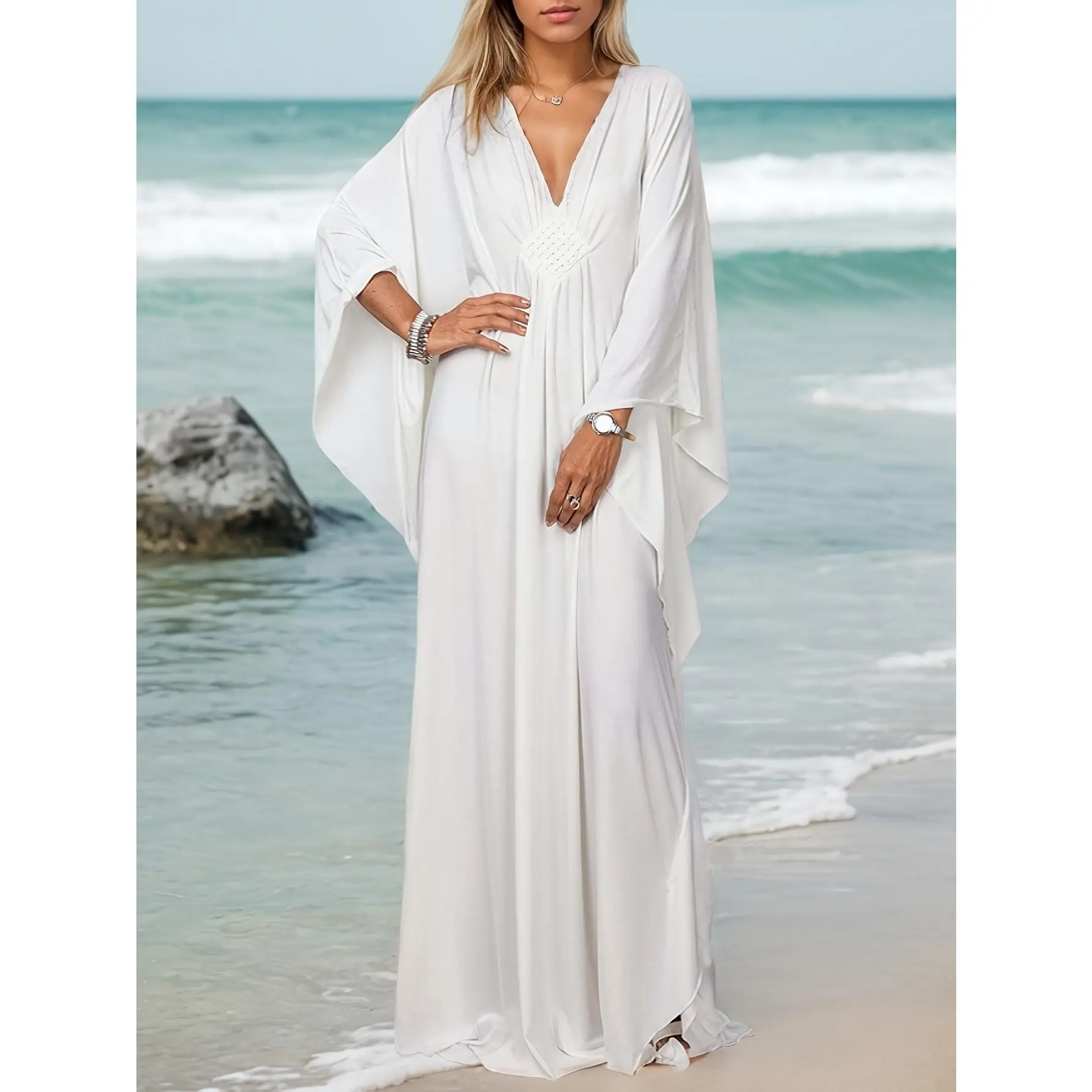 Plus Size Women'S Kaftan Dress - V-Neck, Batwing Sleeves, Loose Fit, Moroccan Style, Lightweight Beach Cover-Up in White, Plus Size Beach Dresses