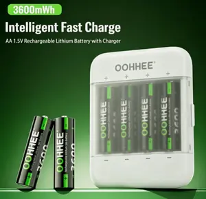 4x Rechargeable 1.5V AA 3600mWh Lithium Batteries  Thin Charging Storage Box
