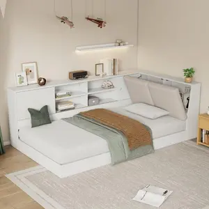 Wooden Twin Size L-shaped Daybed Floor Corner Bed with Storage Bookcase and Upholstered Headboard and USB Charging Ports for Limited Space Furniture Bookshelf Home Design Aesthetic Modern