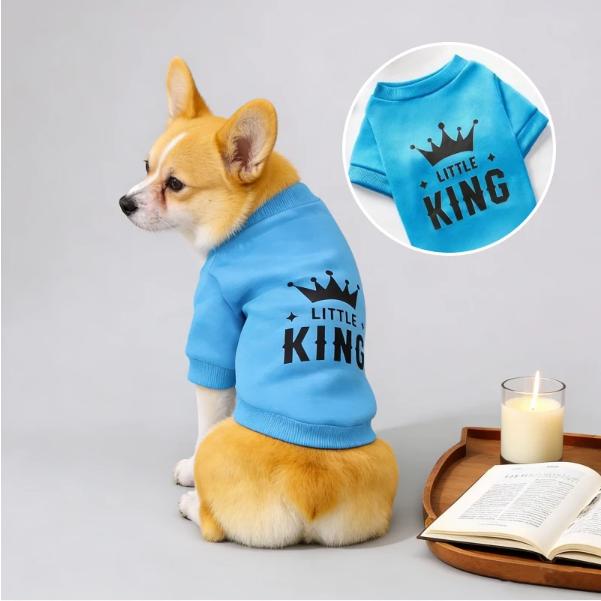 Crown Print Pet Sweatshirt for Dogs & Cats Soft Blue Pullover with Ribbed Cuffs Striped Letter Design Little King Theme