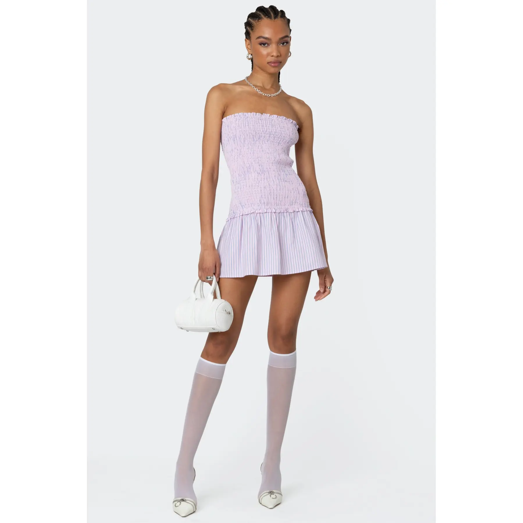 Striped Scrunch Strapless Mini Dress