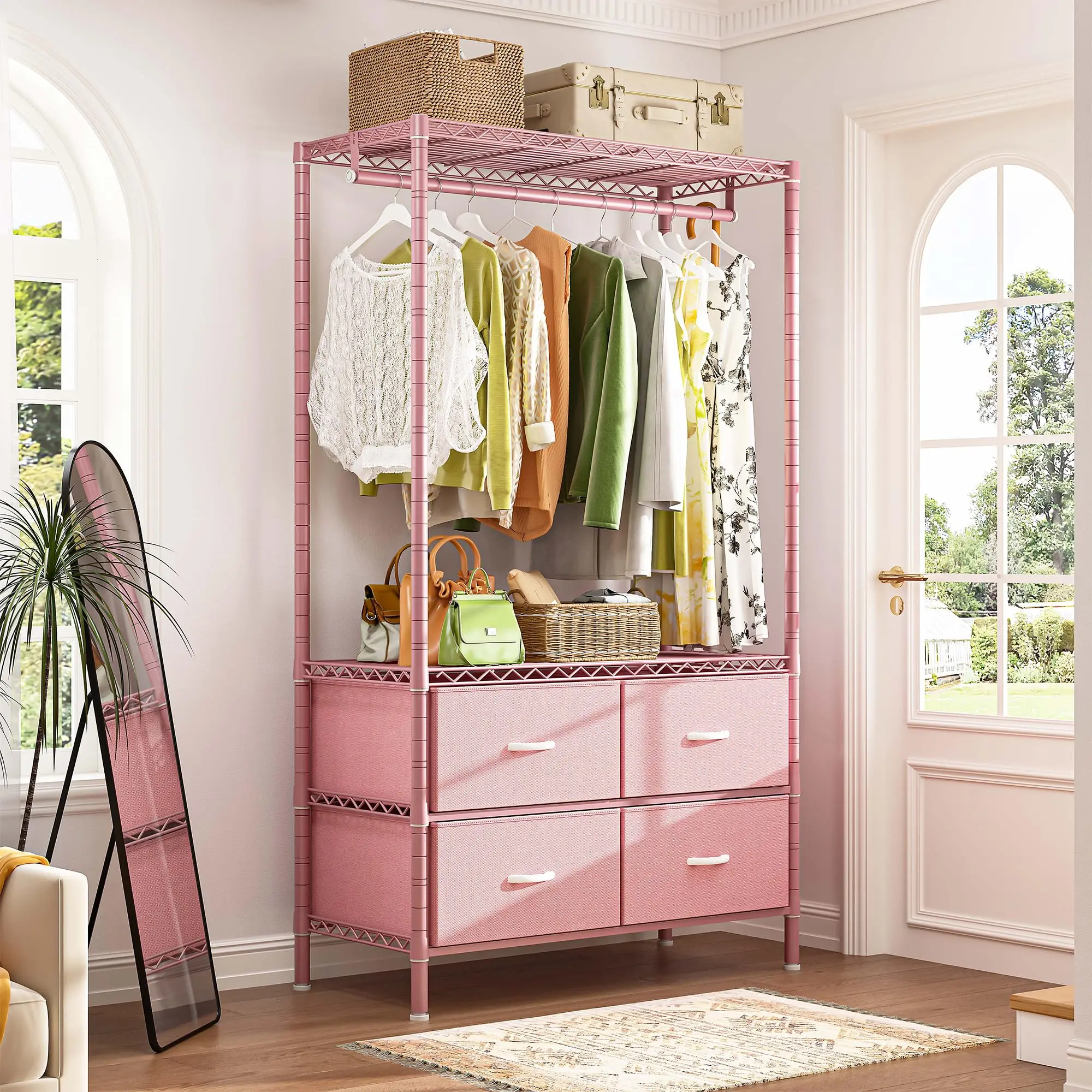 Clothes Rack, 184LBS Garment Rack Closet Rack with Drawers Clothing Racks for Hanging Clothes Heavy Duty Clothes Rack DIY Portable Adjustable Metal Clothing Rack with Shelves, Pink, Gray