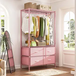 Clothes Rack, 184LBS Garment Rack Closet Rack with Drawers Clothing Racks for Hanging Clothes Heavy Duty Clothes Rack DIY Portable Adjustable Metal Clothing Rack with Shelves, Pink, Gray