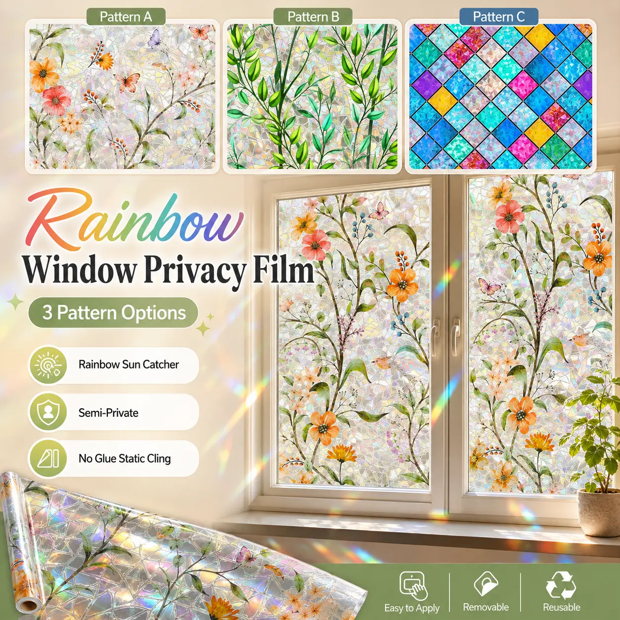 Non-Adhesive Removable Stained Glass Window Film (17.7×78.7 in) – PVC, Waterproof Rainbow Privacy Decor, UV Blocking Light Catcher Sticker for Home Room Decor, Smooth