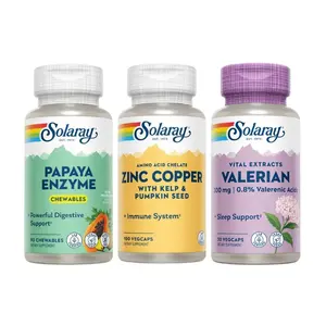 Total Body Support Trio - Solaray Papaya Enzyme Chewables Digestive Enzyme Supplement for Digestion, Bloating & Stomach Comfort, Solaray Zinc Coppe for Immune, Heart & Thyroid Support and Valerian Root Extract 300mg